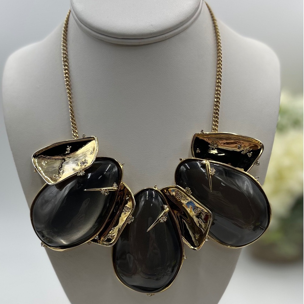 Alexis Bittar Gold Plated Brown Glossy Lucite Clear Crystals Bib Necklace